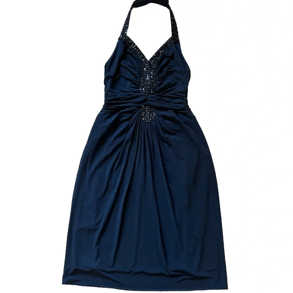 BCBGMAXAZRIA Y2K Ruched Jersey Halter Dress Sequin Trim Cocktail Navy Small NWT - Picture 13 of 14